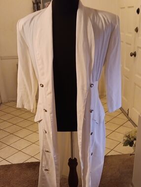 White Longline Women's Trench Coat with Decorative Buttons can be used as dress